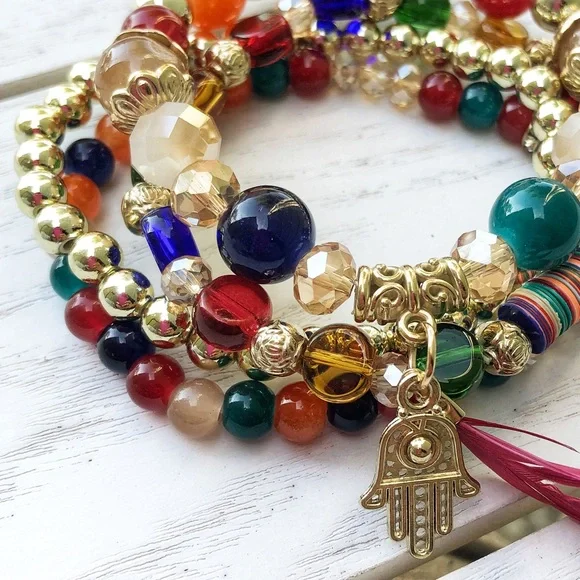 Beads Charm Vintage Bohemian Feather Bracelet Multi color Palm Feather - Picture 3 of 3